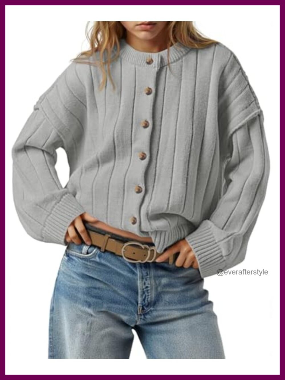 Open Front Button Down Knit Cardigan Long Sleeve Crewneck Loose Sweater